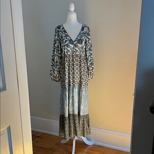 Zara Teal and Cream Patterned Long Sleeve Dress